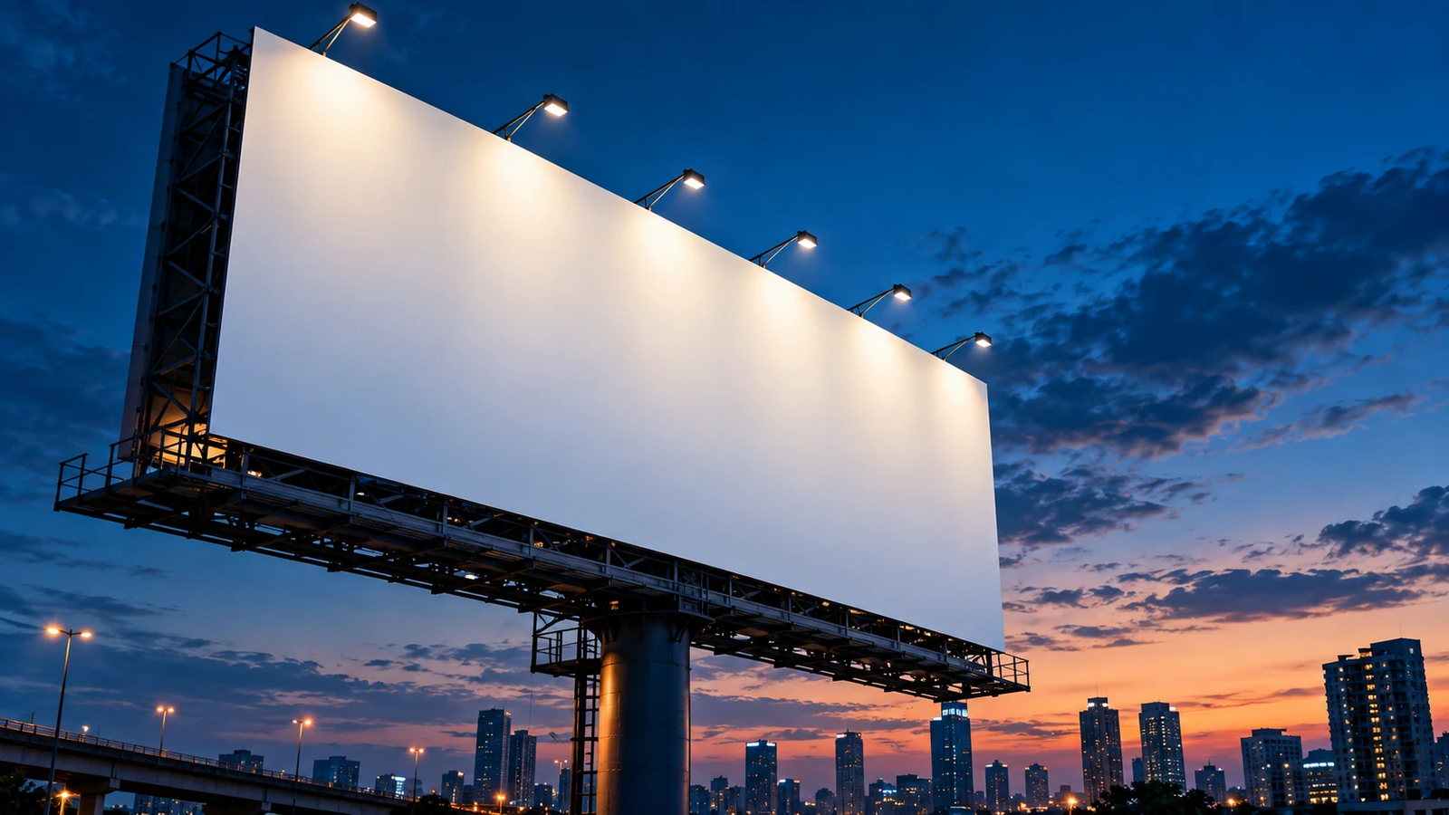 Large out-of-home advertising billboard at dusk