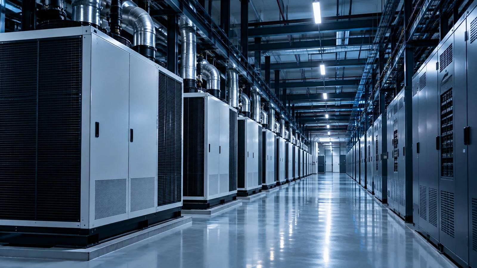 Data centre plant room with redundant cooling and power units
