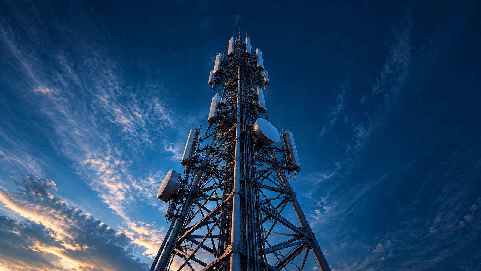 Telecommunications tower against a dusk sky