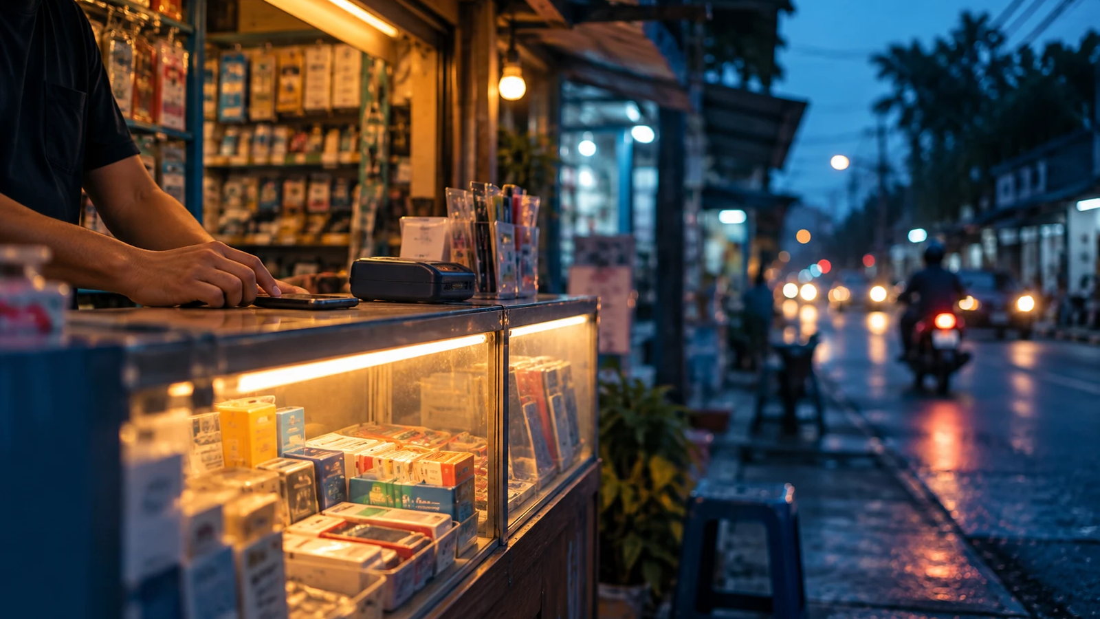 Neighbourhood mobile credit and voucher kiosk at dusk